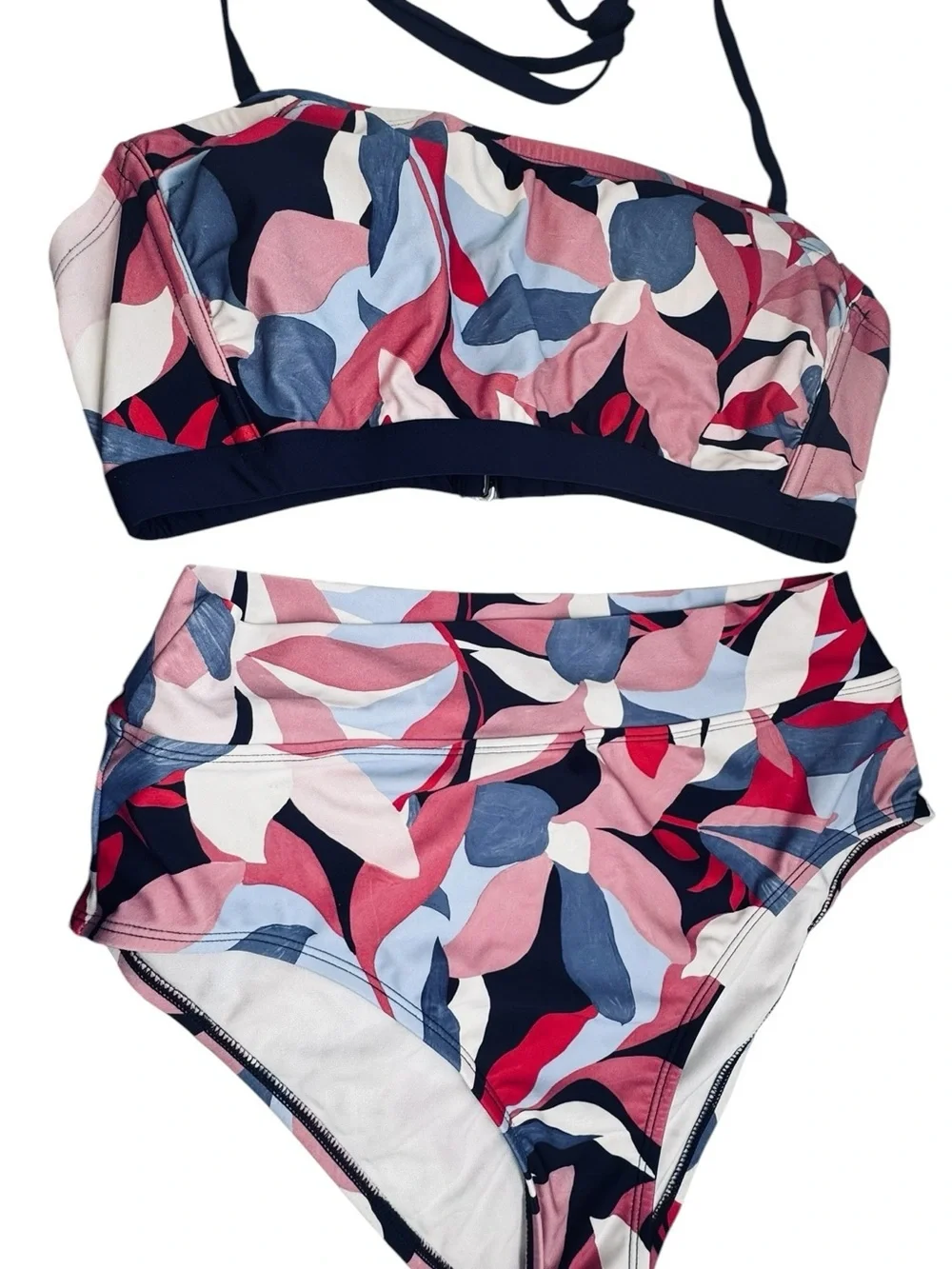 Kona Sol Abstract Floral Bikini Set High Waist Bottoms L Halter Bandeau Top XL